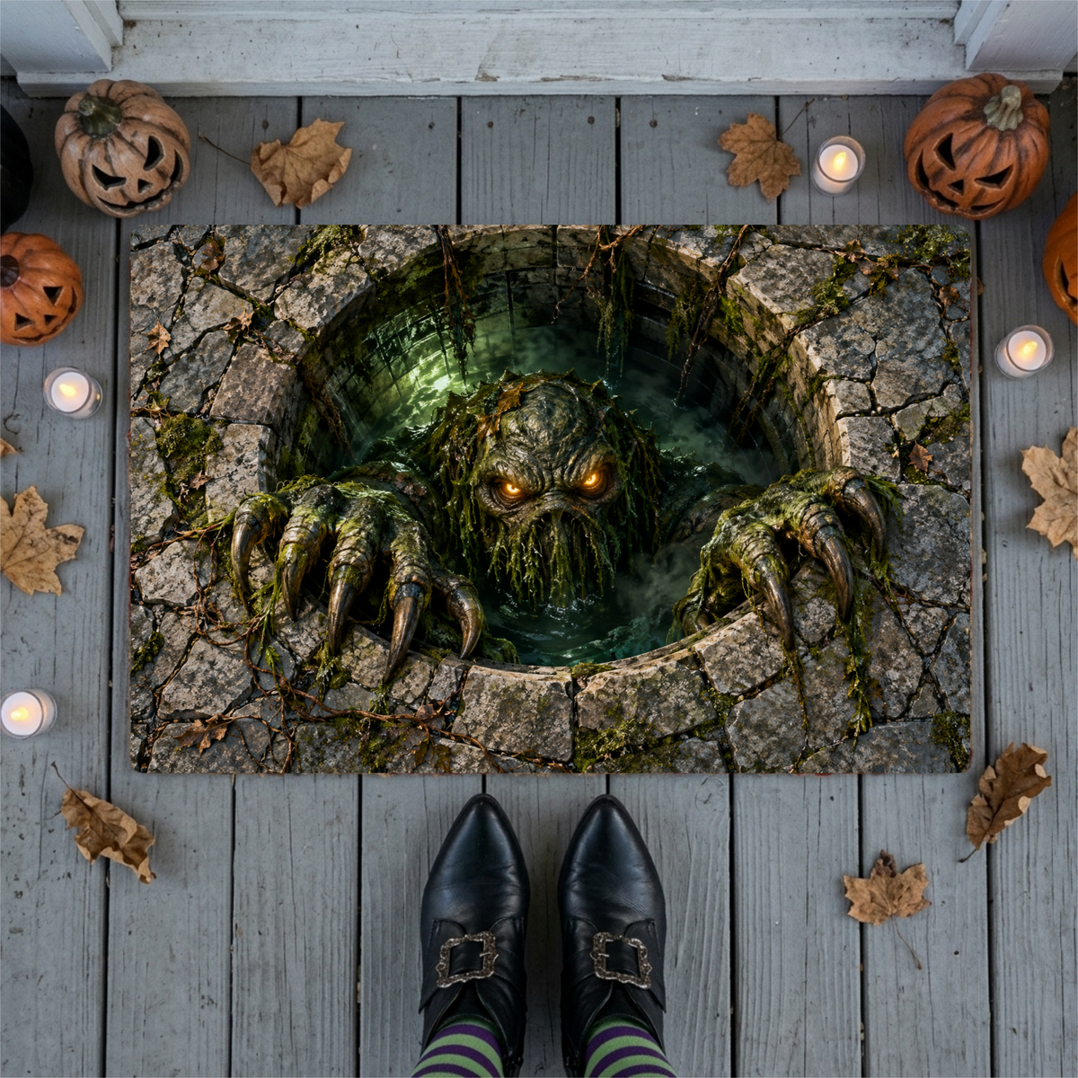 Swamp Monster 3D Optical Illusion Doormat, Creepy Sewer Monster Floor Mat, Scary Halloween Door Mat, Horror Home Decor