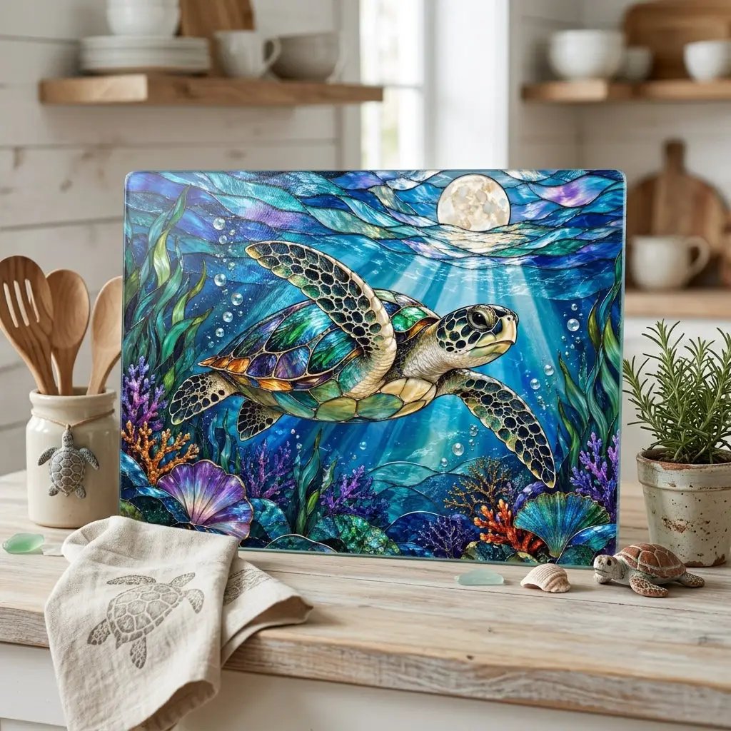 Sea Turtle Cutting Board, Ocean Kitchen Decor, Underwater Sea Life Chopping Board, Moonlit Marine Animal Gift, Coastal Kitchen Accent