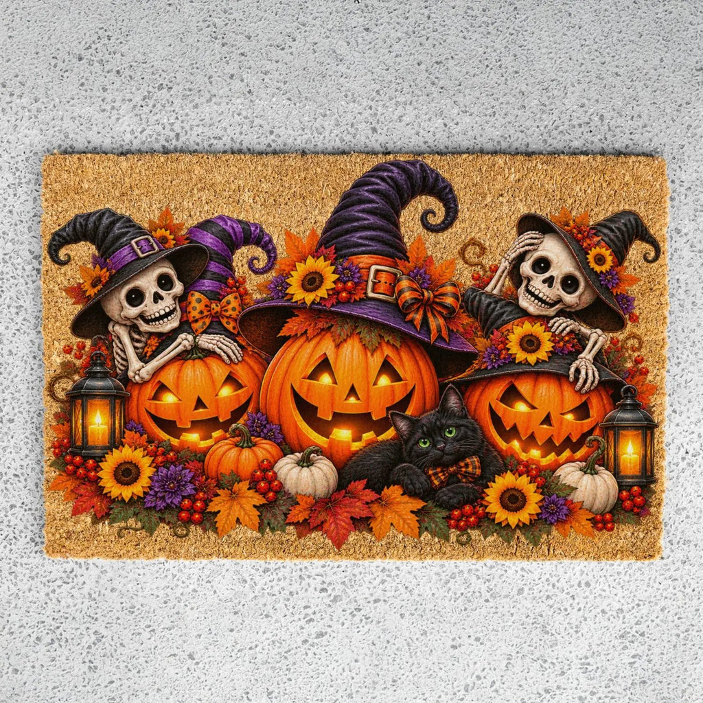 Halloween Skeleton Doormat, Jack O Lantern Coir Mat, Skeleton & Black Cat Welcome Mat, Spooky Fall Porch Decor, Halloween Door Mat