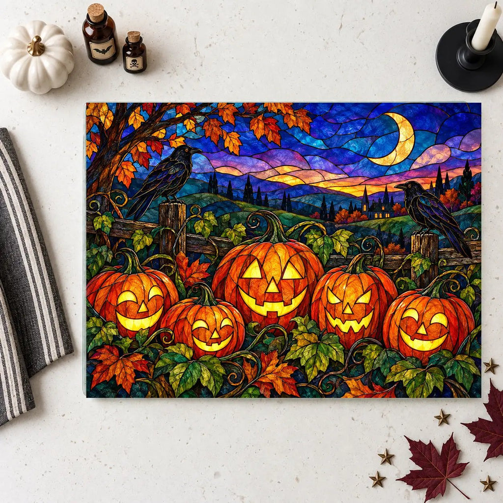 Halloween Jack O Lantern Personalized Glass Cutting Board, Spooky Pumpkin Patch Kitchen Decor