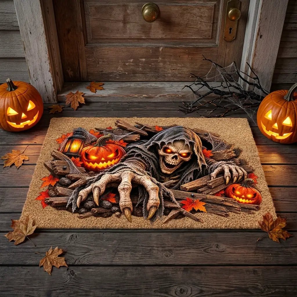 Horror Skeleton Doormat, Grim Reaper Halloween Coir Mat, Creepy Skeleton Welcome Mat, Scary Pumpkin Porch Decor, Haunted Door Mat