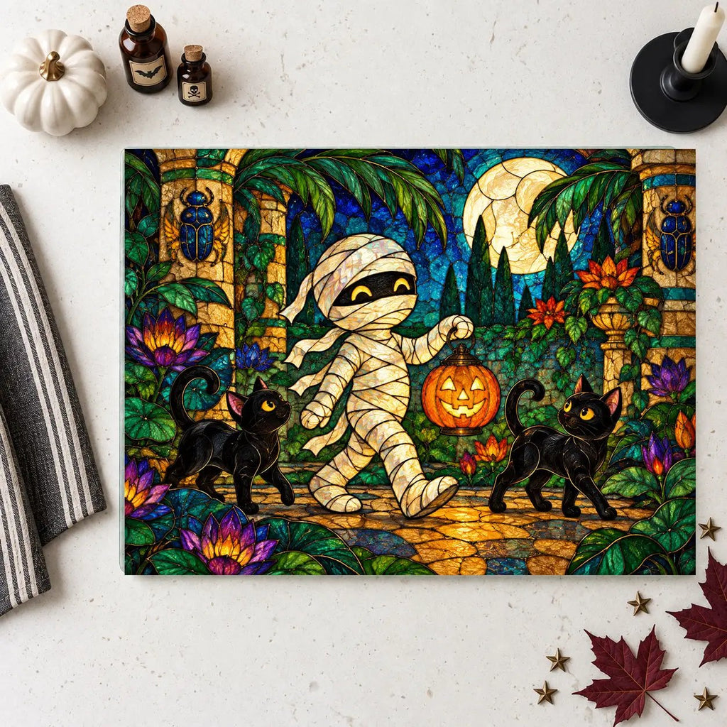 Halloween Mummy Personalized Glass Cutting Board, Spooky Kitchen Decor