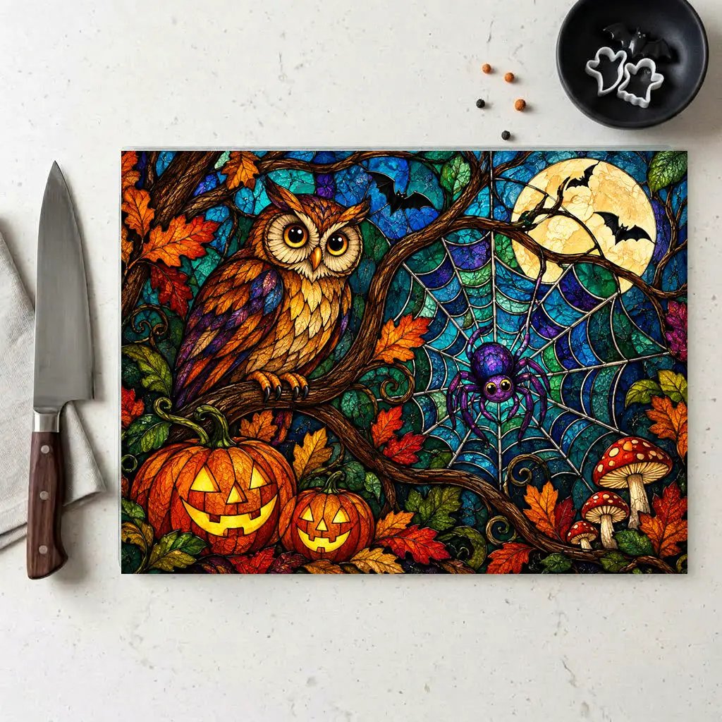 Halloween Owl Personalized Glass Cutting Board, Spooky Spider Kitchen Decor