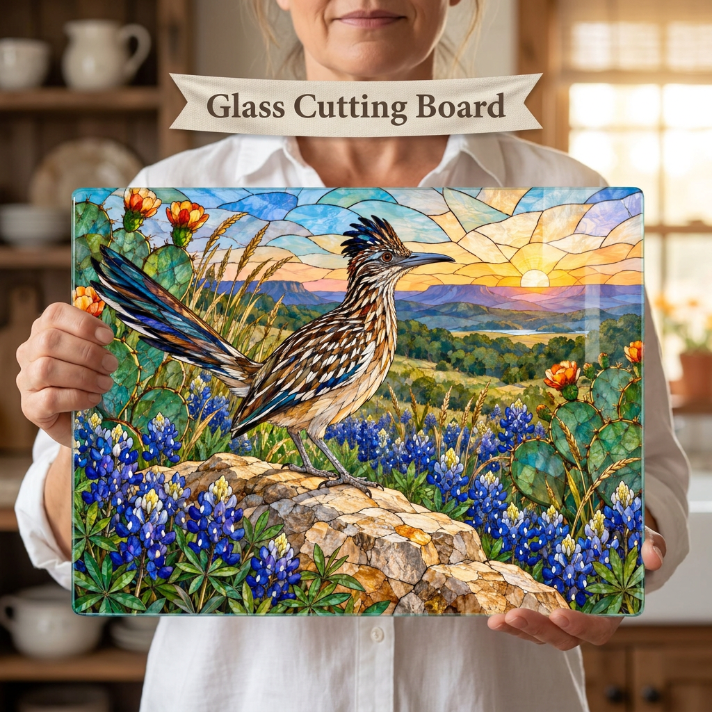 Roadrunner Glass Cutting Board, Southwestern Bird Kitchen Decor, Wildflower Landscape Chopping Board, Nature Lover Gift, Birdwatcher Gift