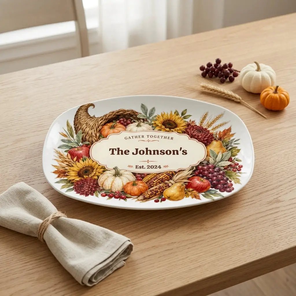 Personalized Fall Platter, Custom Family Name Serving Platter, Harvest Thanksgiving Tray, Autumn Hostess Gift, Housewarming Gift