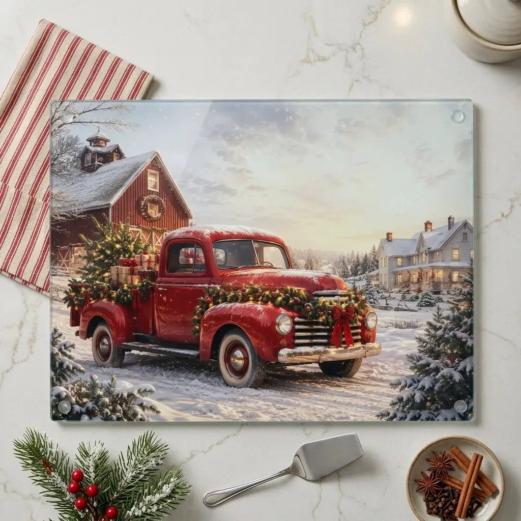 Christmas Glass Cutting Board, Red Vintage Truck Christmas Decor, Snowy Farmhouse Kitchen Decor, Rustic Holiday Gift