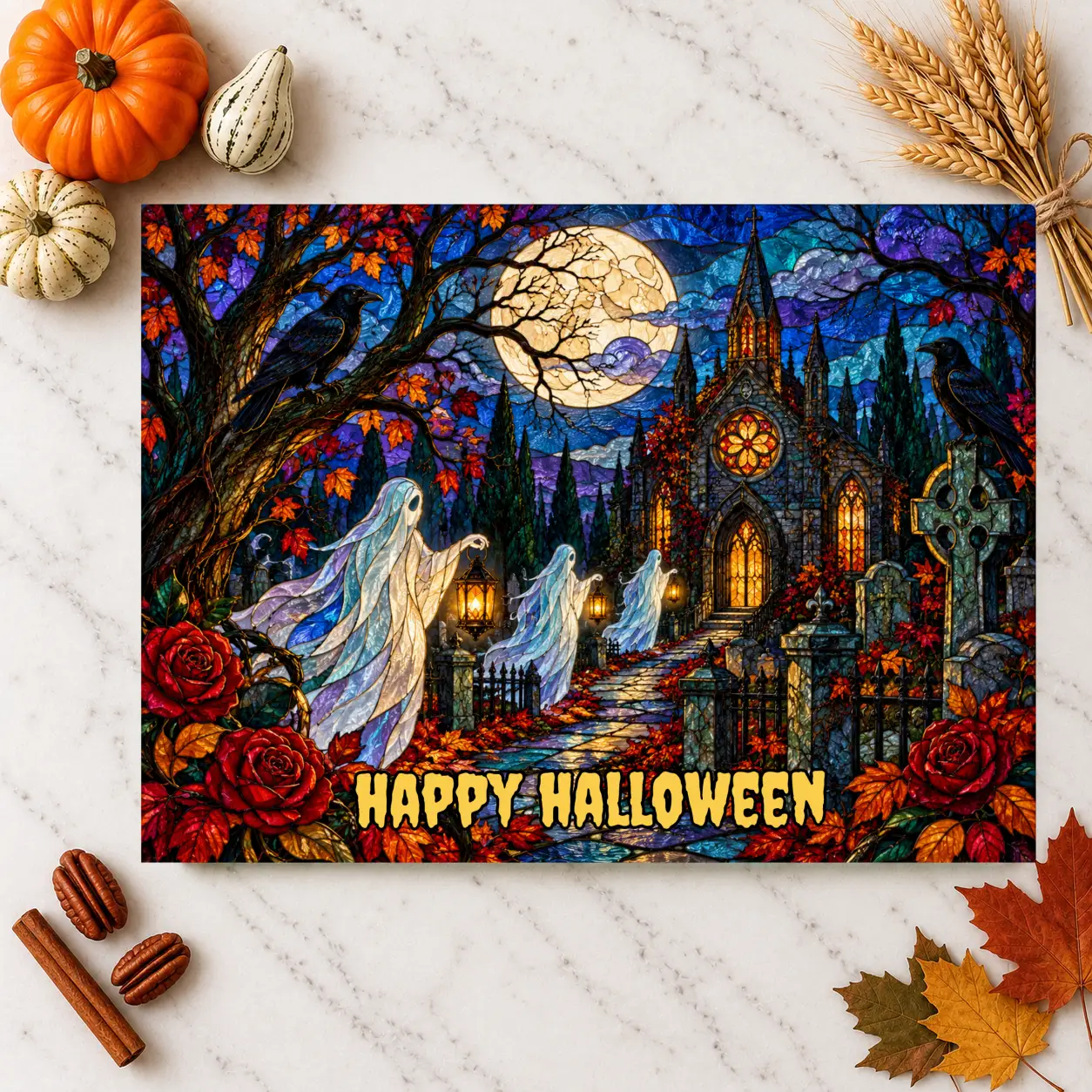 Halloween Ghost Personalized Glass Cutting Board, Haunted Graveyard Kitchen Decor