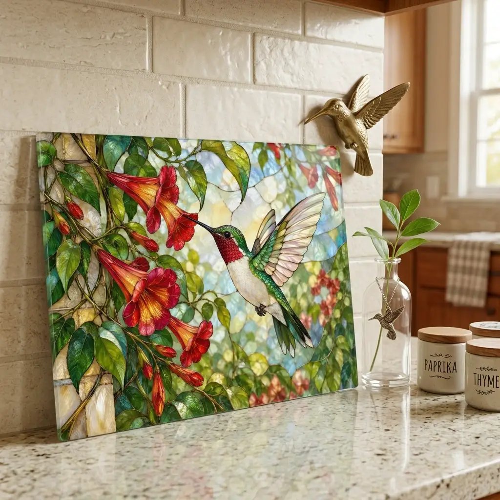 Hummingbird Cutting Board, Stained Glass Hummingbird Decor, Trumpet Vine Kitchen Decor, Bird Lover Gift, Garden Lover Gift