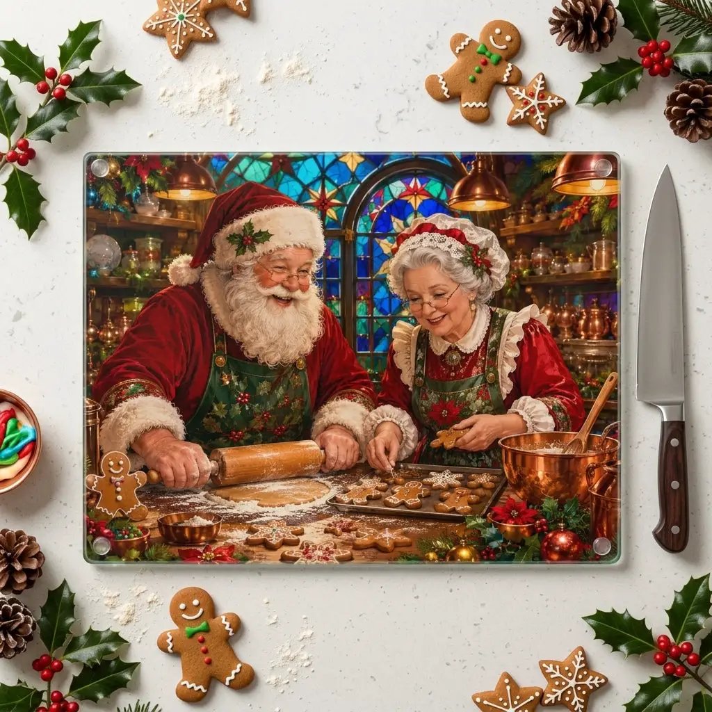 Santa and Mrs Claus Glass Cutting Board, Christmas Baking Decor, Gingerbread Kitchen Decor, Stained Glass Christmas Gift, Holiday Board