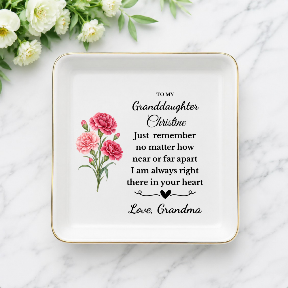 Personalized Daughter/Granddaughter Jewelry Dish, Birth Flower Ring Dish, Birthday, Graduation, Christmas, Custom Name Trinket Tray