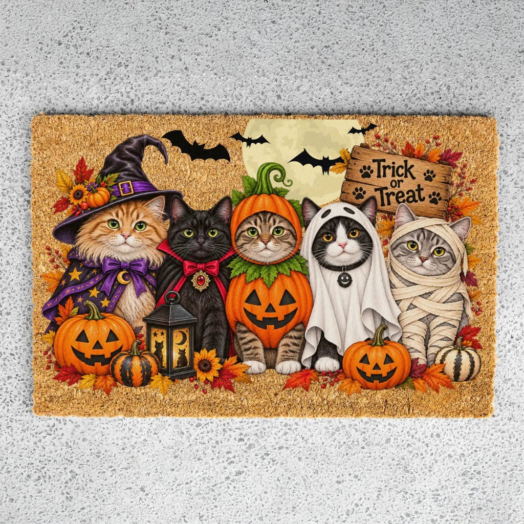 Halloween Cat Doormat, Funny Costumed Cats Coir Welcome Mat, Trick or Treat Porch Decor, Fall Cat Lover Gift, Spooky Front Door Mat