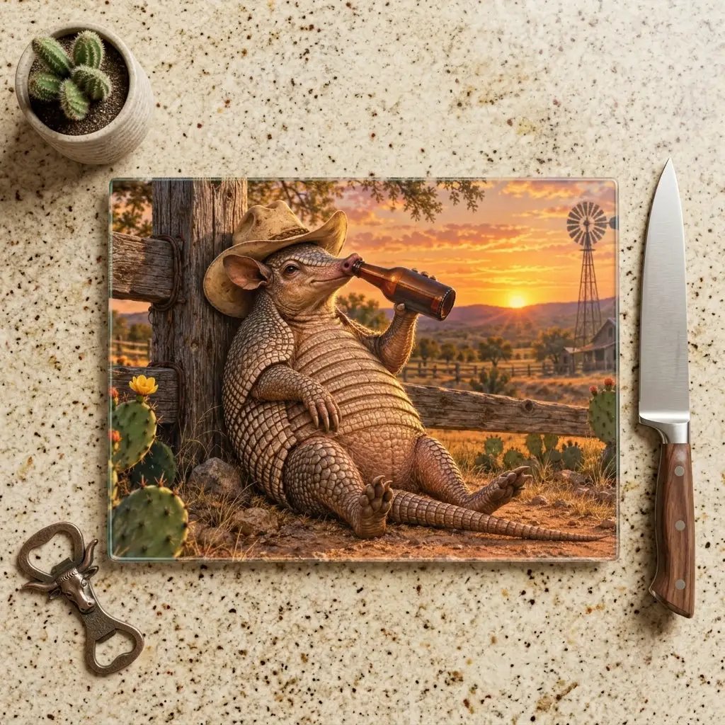 Funny Armadillo Glass Cutting Board, Texas Kitchen Decor, Cowboy Armadillo Gift, Western Kitchen Decor, Funny Texas Housewarming Gift