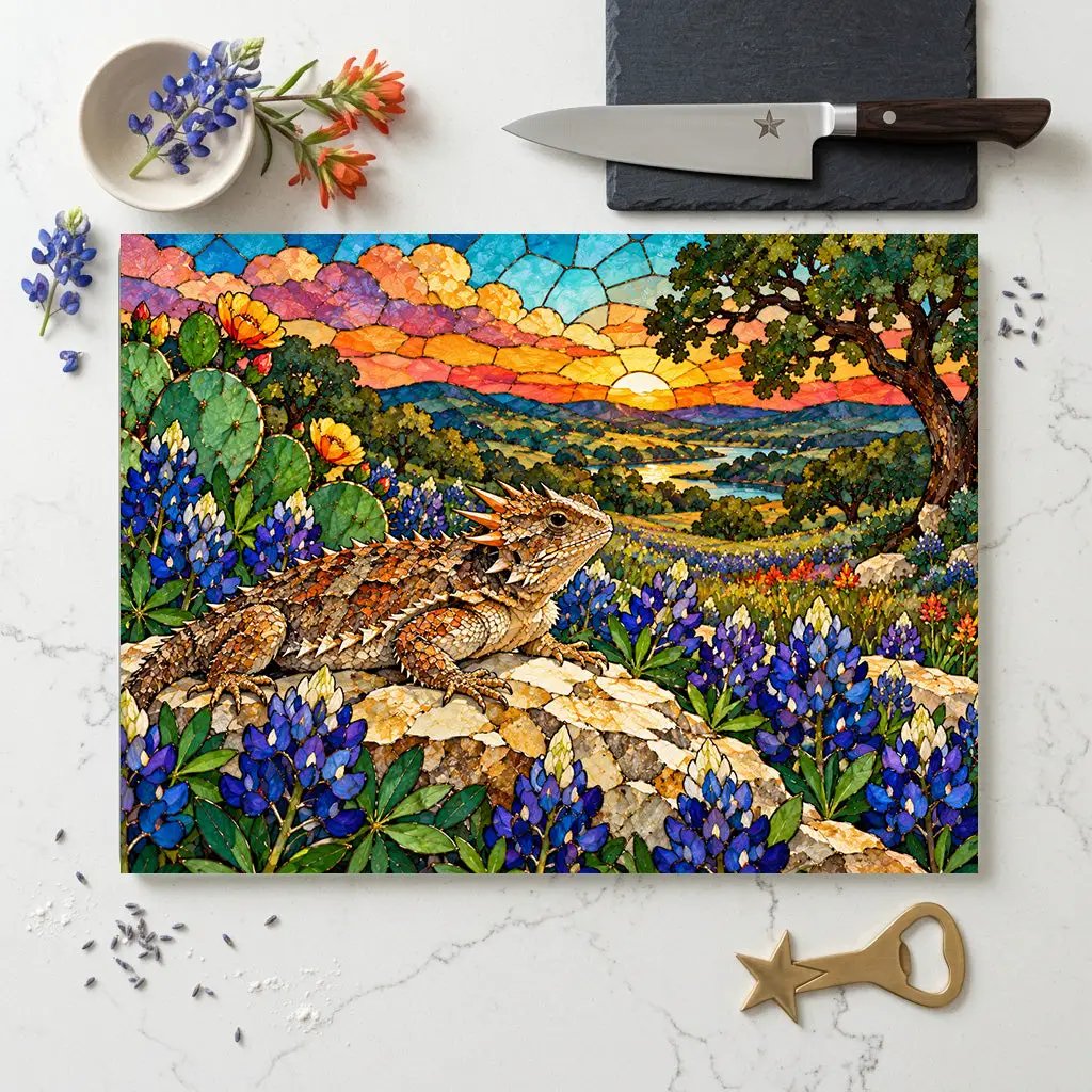 Texas Horned Lizard Glass Cutting Board, Bluebonnet Kitchen Decor, Texas Wildflower Cutting Board, Horny Toad Gift, Texas Housewarming Gift