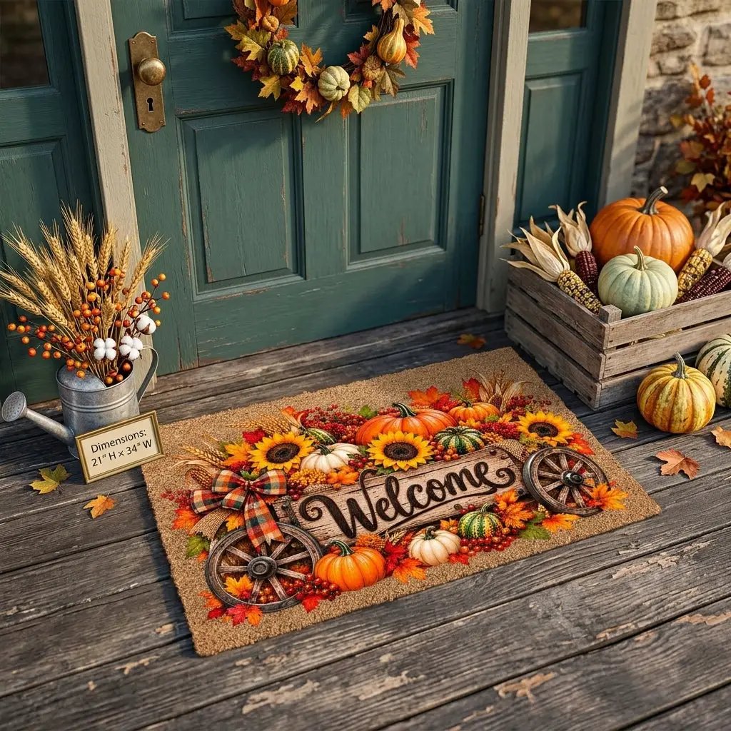 Harvest Wagon Welcome Doormat, Fall Coir Door Mat, Pumpkin Sunflower Welcome Mat, Autumn Farmhouse Porch Decor, Thanksgiving Doormat
