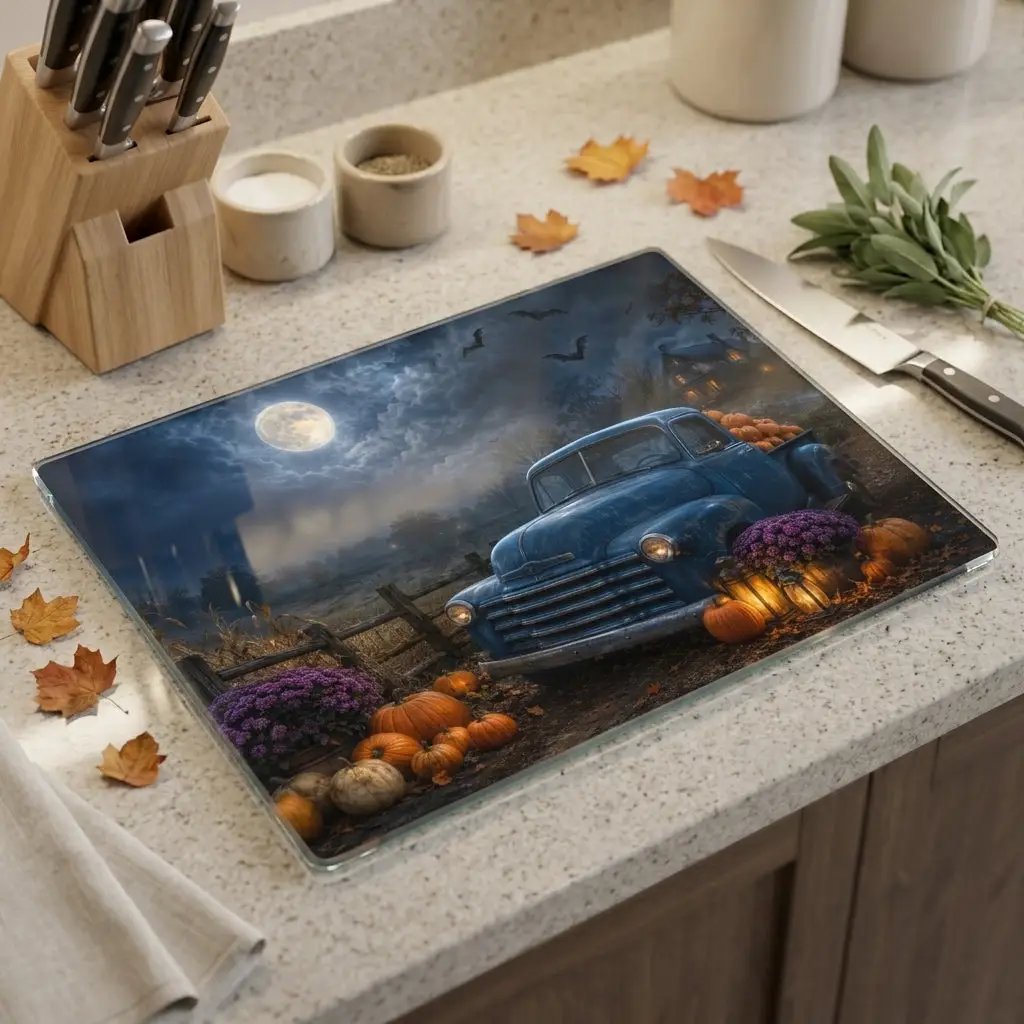 Vintage Blue Truck Halloween Cutting Board, Pumpkin Glass Cutting Board, Haunted House Kitchen Decor, Spooky Farmhouse Halloween Decorumn Kitchen Gift