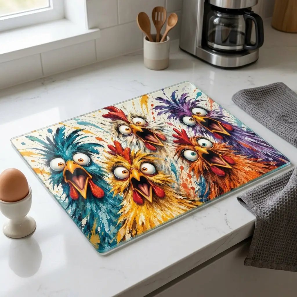 Screaming Chicken Flock Cutting Board, Funny Chicken Kitchen Decor, Colorful Hen Lover Gift, Farmhouse Chicken Gift