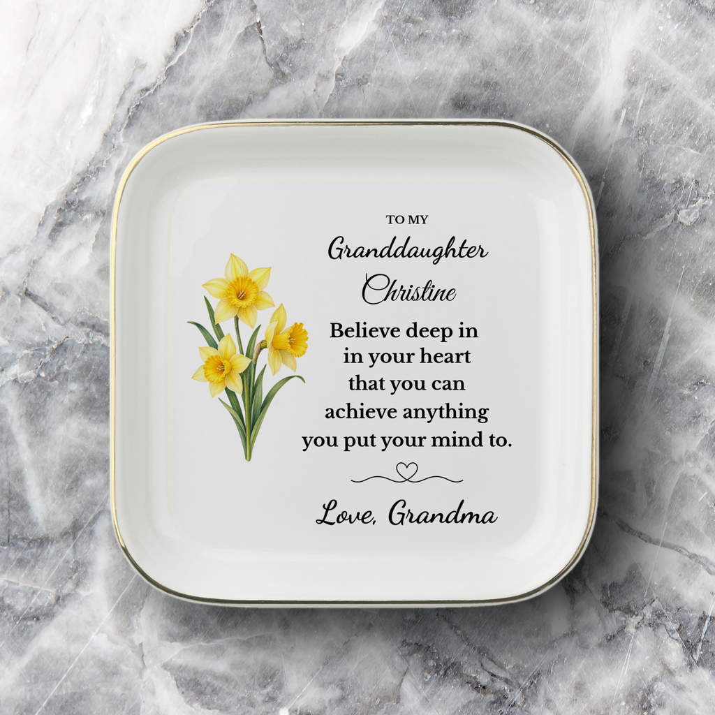 Personalized Daughter/ Granddaughter Jewelry Dish, Birth Flower Trinket Tray, Custom Name Inspirational Ceramic Ring Dish