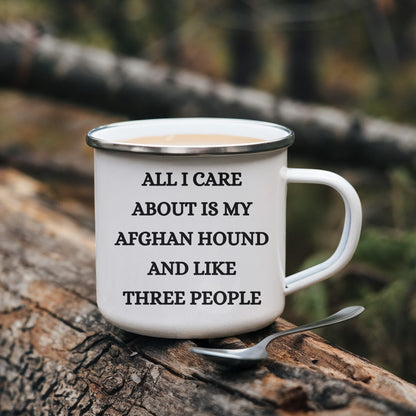 Afghan Hound Dog Lovers Christmas Unique Gift, Camping Mug with Funny Quote 'All I Care About Are My Afghan Hound And Like Three People', 12 oz Stainless Steel with Enamel Finish - Mallard Moon Gift Shop