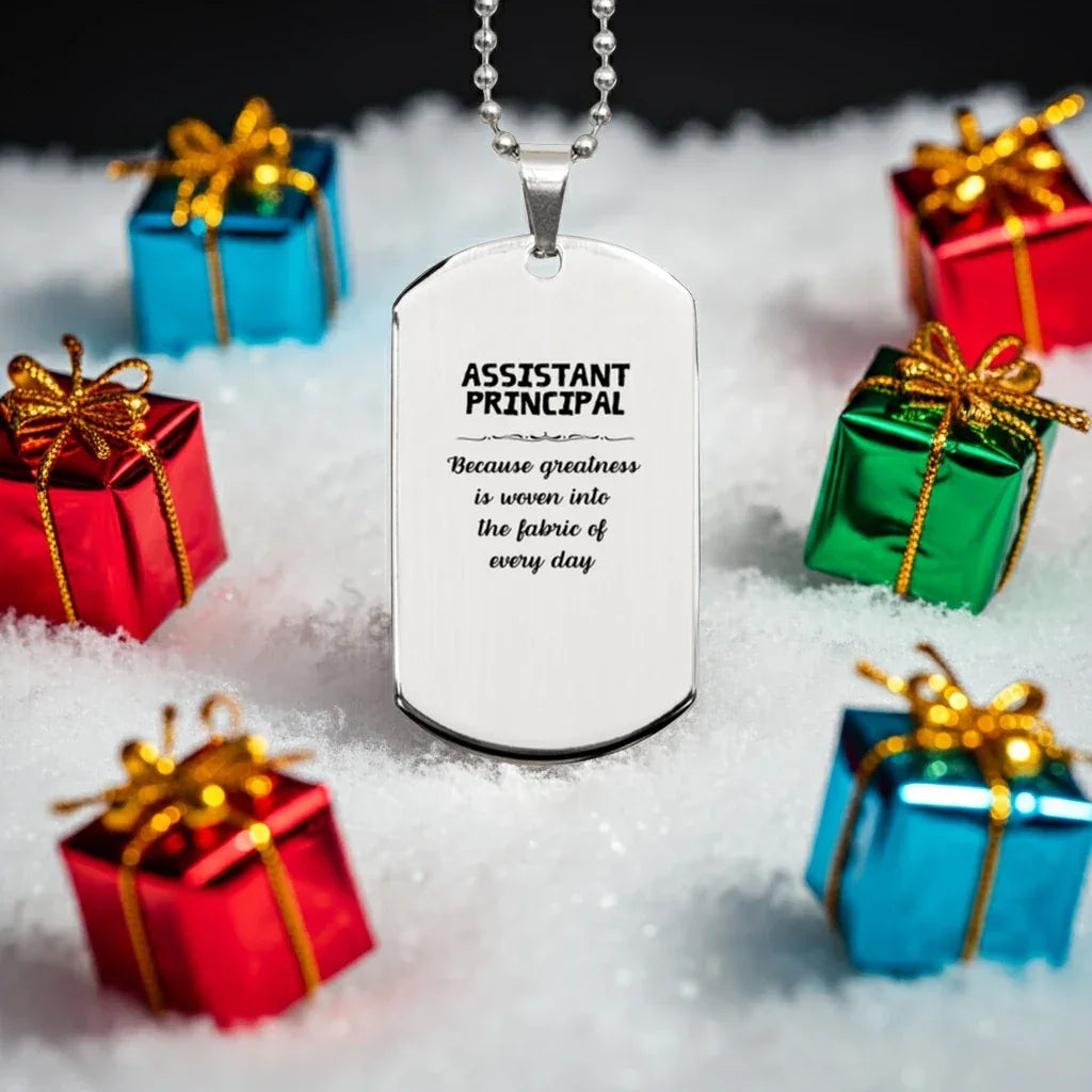 Sarcastic Assistant Principal Silver Dog Tag Gifts, Christmas Holiday Gifts for Assistant Principal Birthday, Assistant Principal: Because greatness is woven