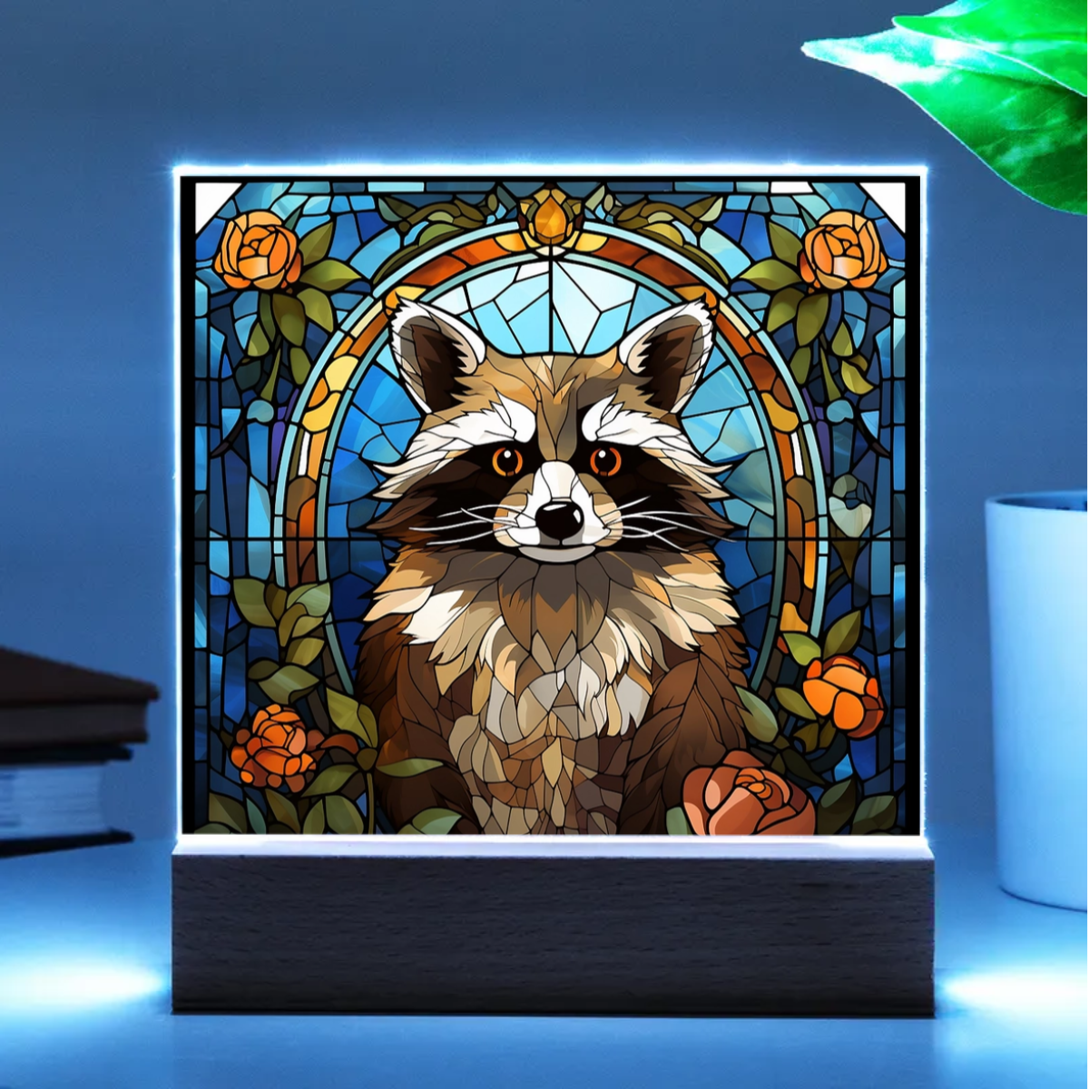 Raccoon Stained Glass Acrylic LED Light Plaque – Custom Animal Art Gift with Wooden Base