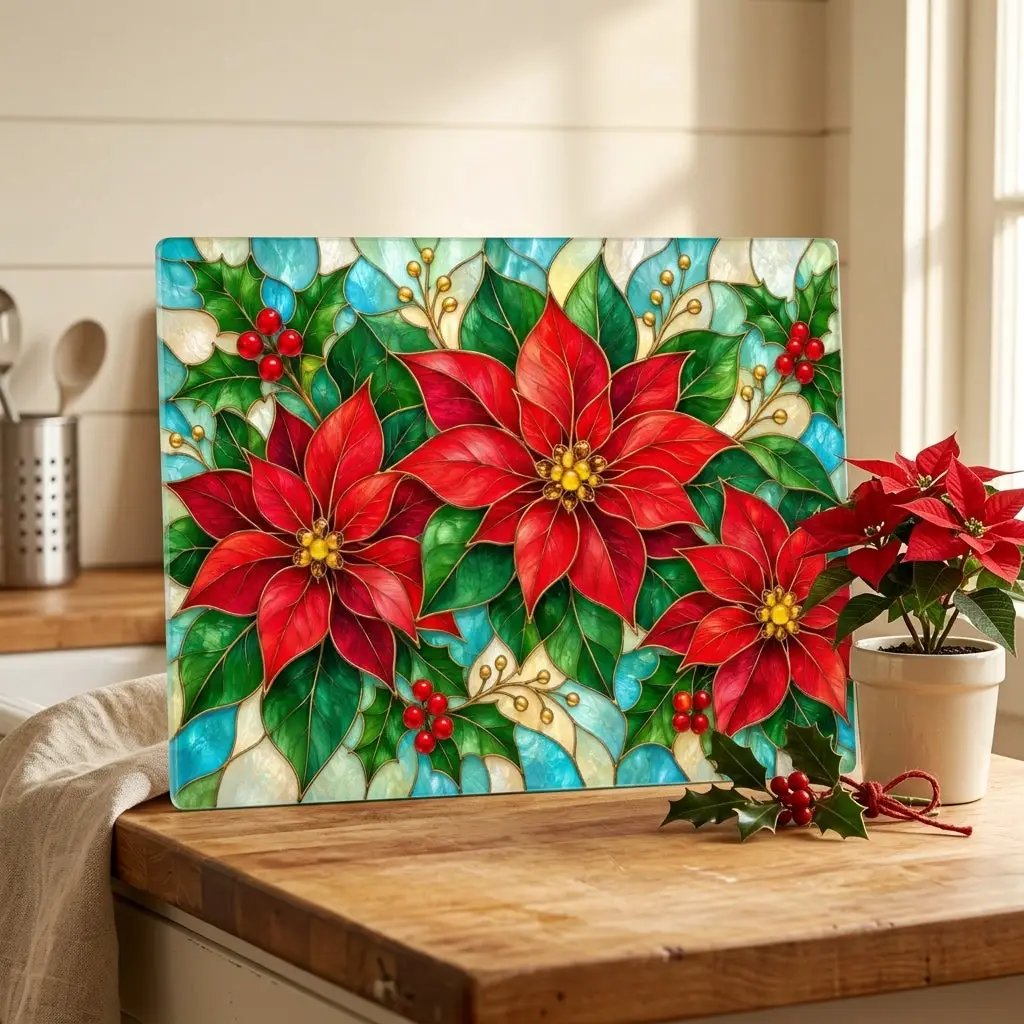 Christmas Poinsettia Glass Cutting Board, Holiday Holly Berry Kitchen Decor, Festive Red Floral Chopping Board, Seasonal Gift Idea