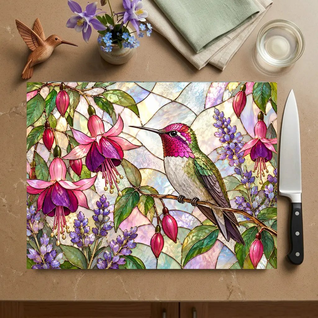 Hummingbird Cutting Board, Stained Glass Hummingbird Decor, Fuchsia Flower Kitchen Decor, Bird Lover Gift, Garden Lover Gift