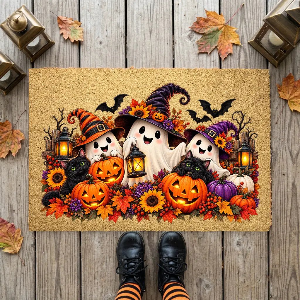 Halloween Ghost Doormat, Black Cat & Pumpkin Coir Mat, Cute Spooky Welcome Mat, Witch Ghost Fall Porch Decor, Halloween Door Mat