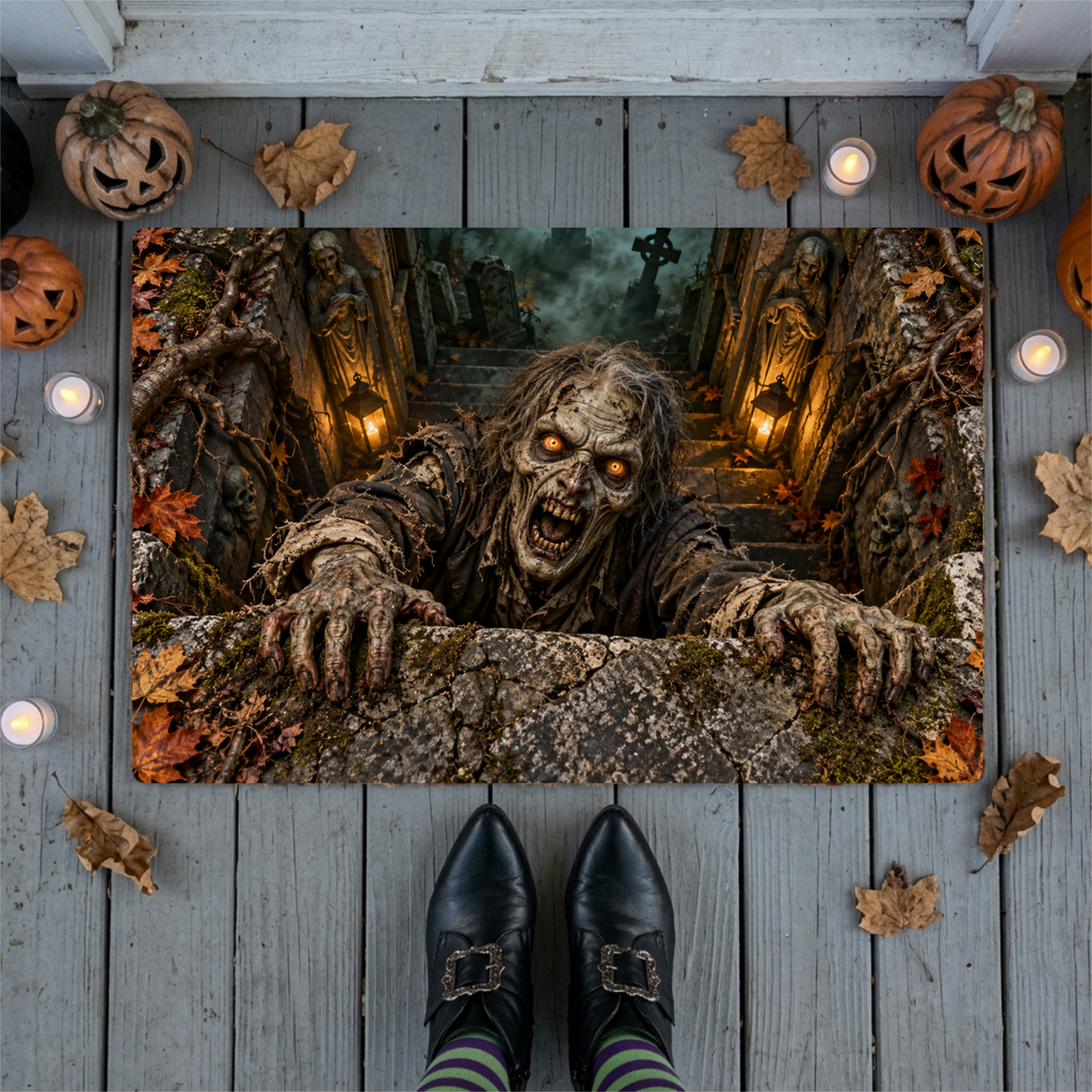 Zombie 3D Illusion Doormat, Graveyard Halloween Door Mat, Undead Zombie Welcome Mat, Haunted Crypt Optical Illusion, Spooky Porch Decor