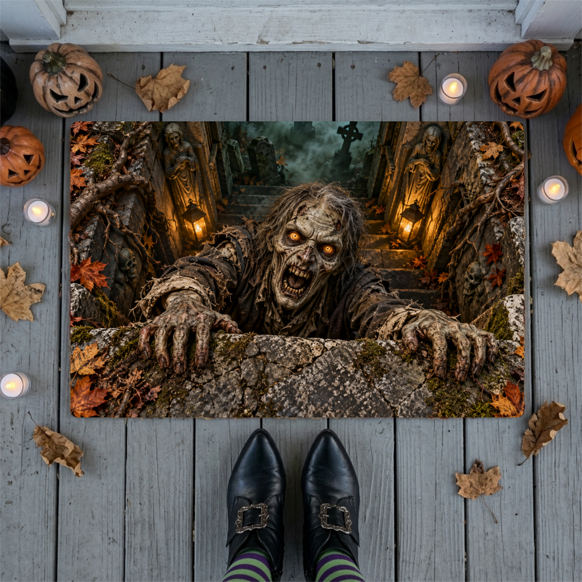 Zombie 3D Illusion Doormat, Graveyard Halloween Door Mat, Undead Zombie Welcome Mat, Haunted Crypt Optical Illusion, Spooky Porch Decor