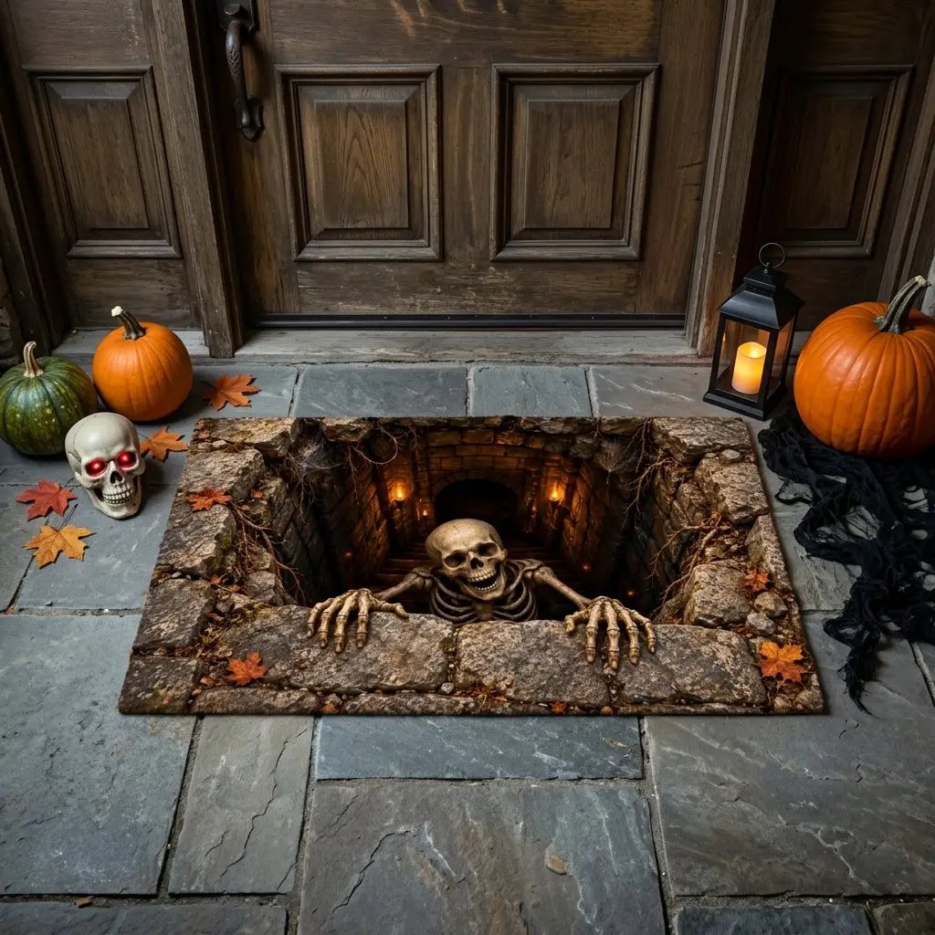 Skeleton Halloween Doormat, 3D Stairwell Illusion Door Mat, Creepy Skeleton Welcome Mat, Spooky Halloween Porch Decor