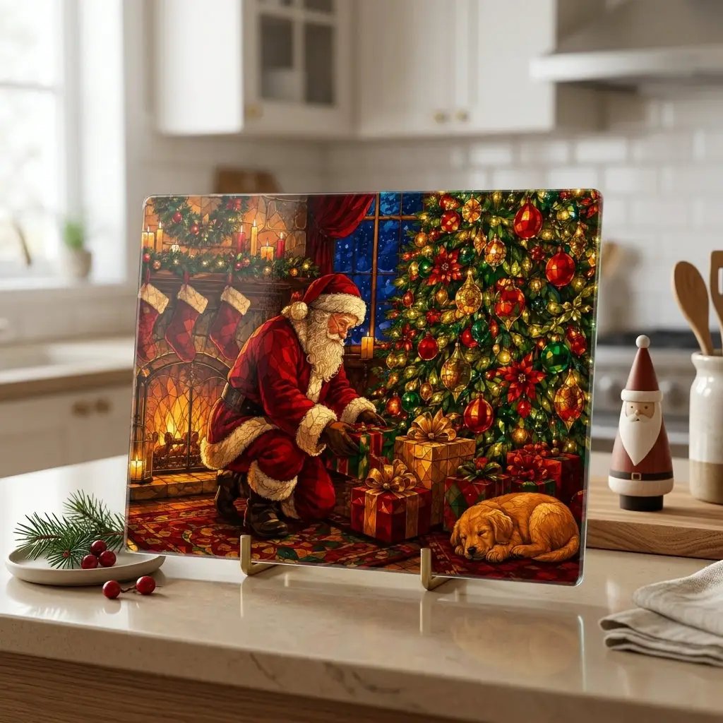 Santa Christmas Glass Cutting Board, Santa and Puppy Kitchen Decor, Christmas Eve Serving Board, Stained Glass Holiday Gift, Santa Decor