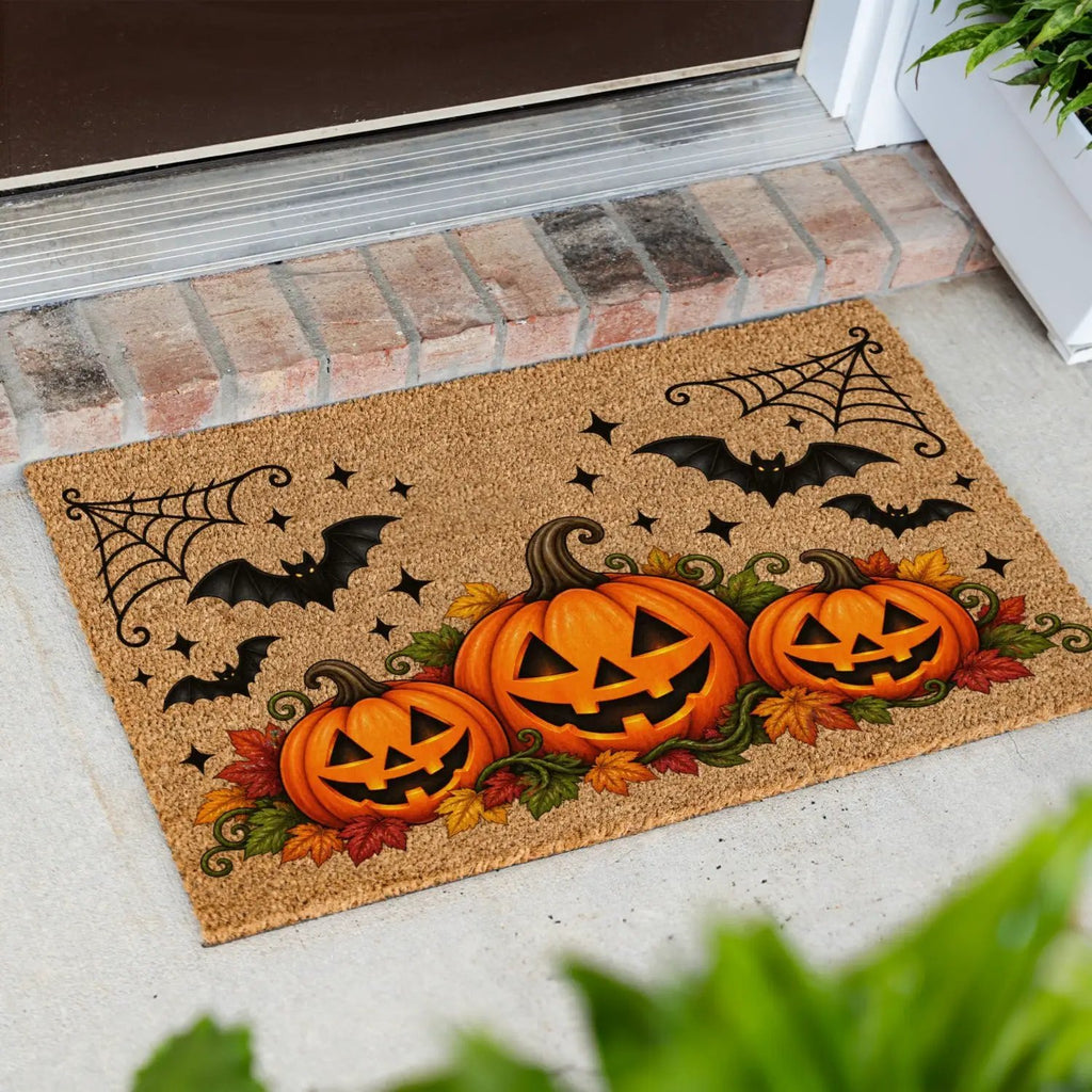 Halloween Pumpkin Doormat, Jack O Lantern Coir Welcome Mat, Fall Front Porch Decor, Spooky Bat Door Mat, Autumn Halloween Entryway
