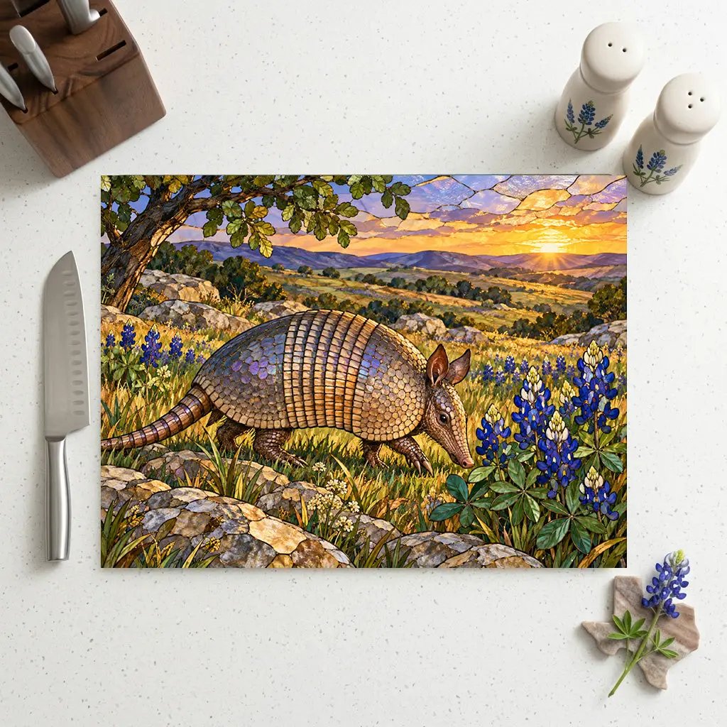 Texas Armadillo Glass Cutting Board, Bluebonnet Kitchen Decor, Wildlife Chopping Board, Southwestern Countryside Kitchen Gift, 2 Sizes