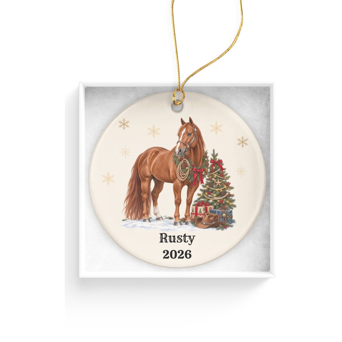 Personalized Horse Christmas Ornament, Custom Horse Photo Portrait, Western Cowboy Ceramic Ornament, Horse Name and Year, Equestrian Gift