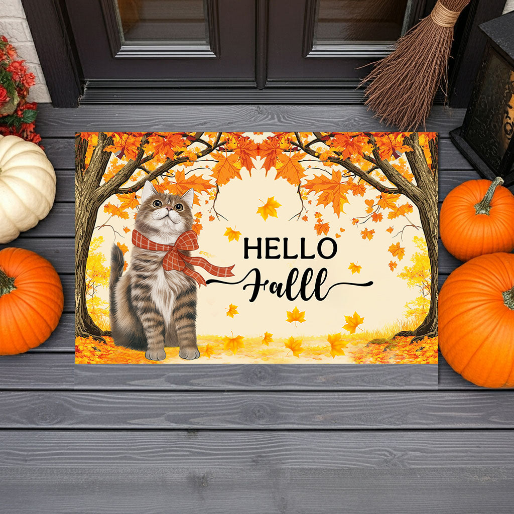 Hello Fall Cat Doormat – Fall Welcome Mat with Interchangeable Cat Designs, Autumn Leaves & Cozy Seasonal Décor for Cat Lovers and Fall Homes