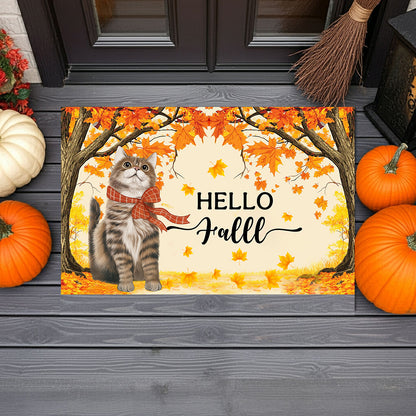 Hello Fall Cat Doormat – Fall Welcome Mat with Interchangeable Cat Designs, Autumn Leaves & Cozy Seasonal Décor for Cat Lovers and Fall Homes