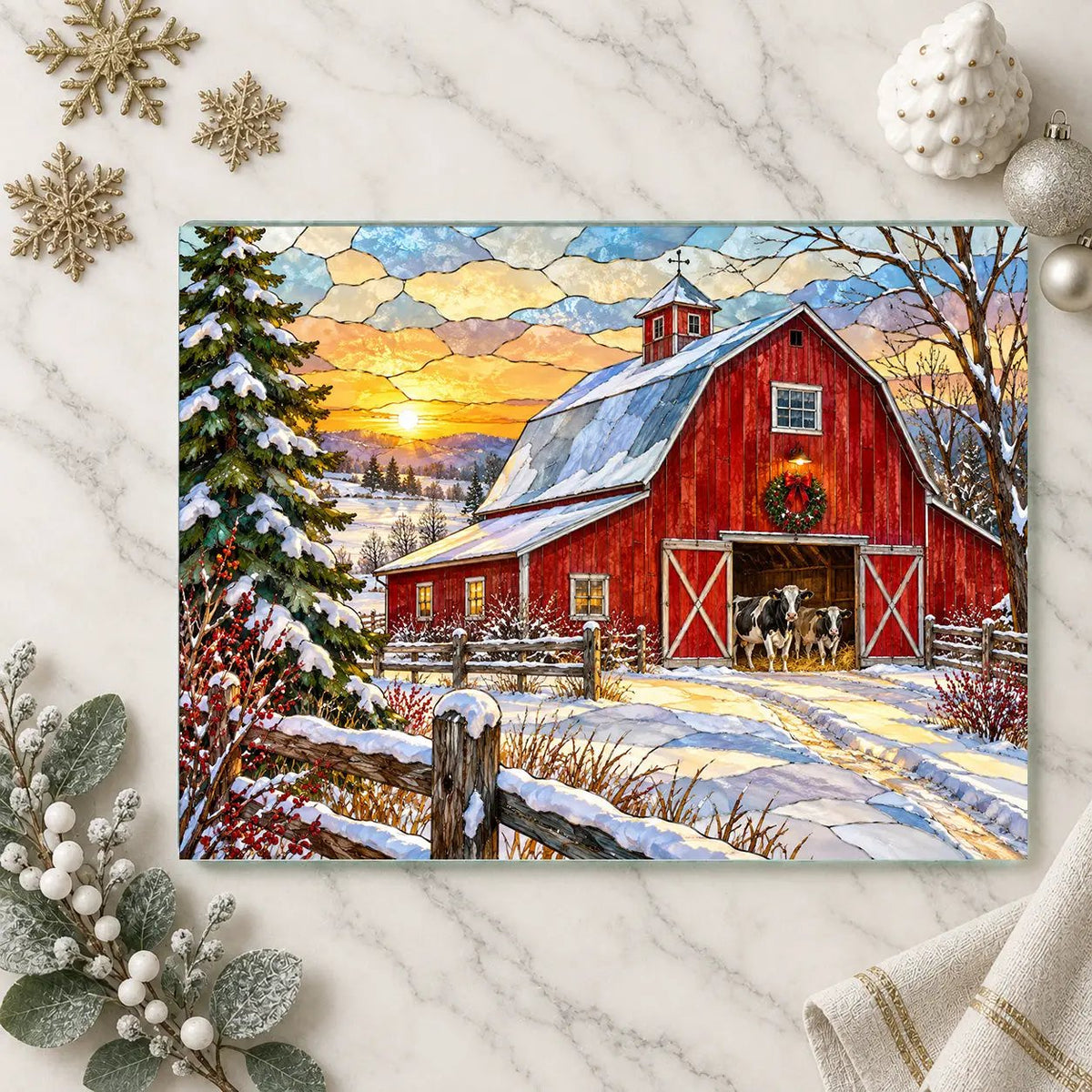 Christmas Red Barn Glass Cutting Board, Winter Farmhouse Decor, Cow Christmas Gift, Country Kitchen Decor, Farmhouse Holiday Gift