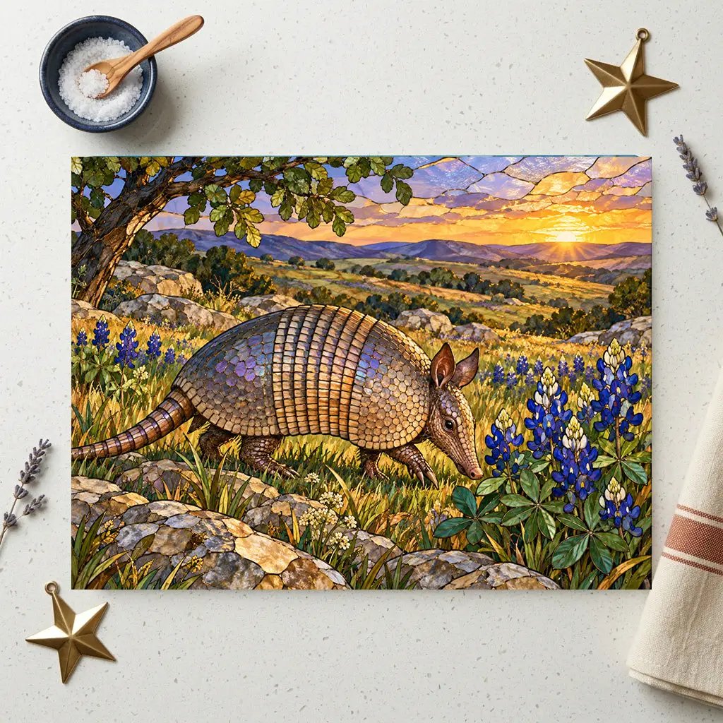 Texas Armadillo Glass Cutting Board, Bluebonnet Kitchen Decor, Wildlife Chopping Board, Southwestern Countryside Kitchen Gift, 2 Sizes