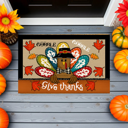 Colorful Turkey Thanksgiving Doormat – “Give Thanks” Fall Welcome Mat with Gobble Design, Autumn Leaves & Farmhouse Plaid Accent for Porch or Entryway Décor