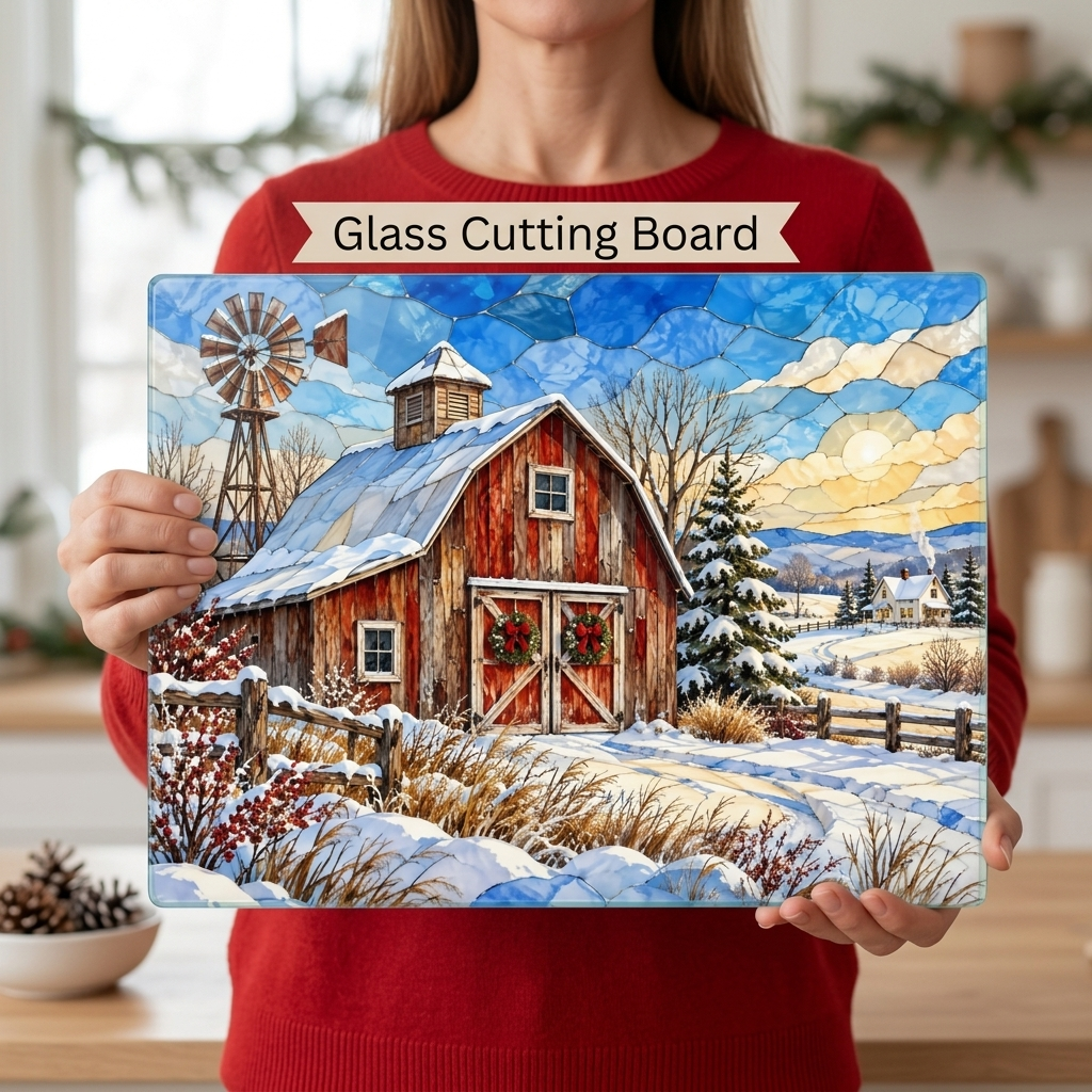 Winter Windmill Farm Glass Cutting Board, Red Barn Country Kitchen Decor, Rustic Farmhouse Christmas Gift