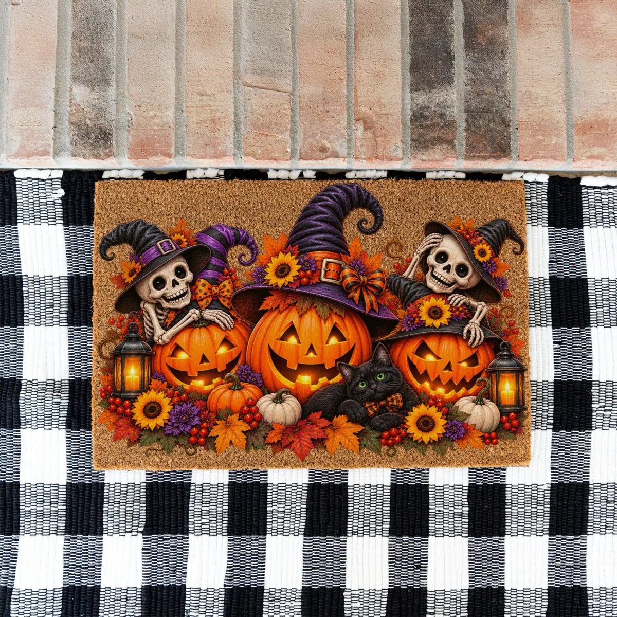 Halloween Skeleton Doormat, Jack O Lantern Coir Mat, Skeleton & Black Cat Welcome Mat, Spooky Fall Porch Decor, Halloween Door Mat