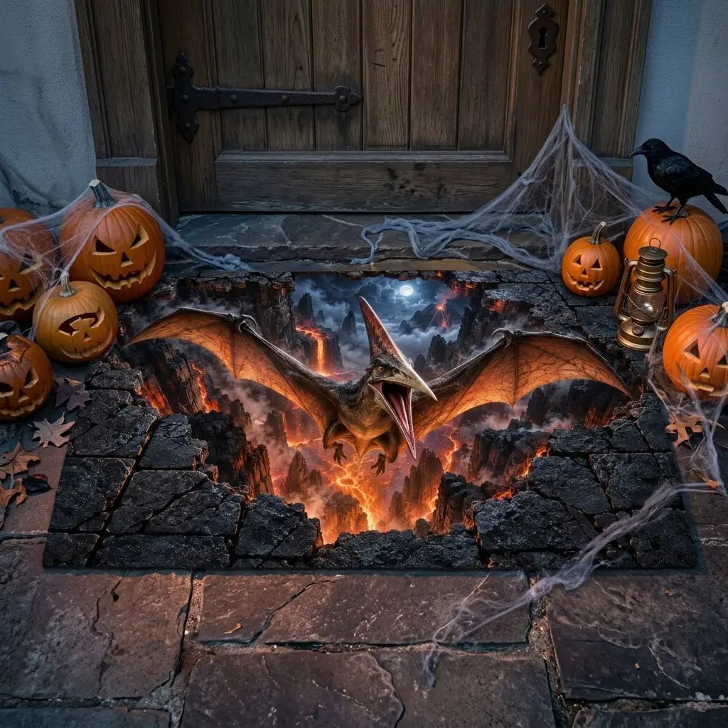 Pterodactyl 3D Optical Illusion Doormat, Volcanic Chasm Dinosaur Floor Mat, Prehistoric Flying Reptile Door Mat, Dino Gift