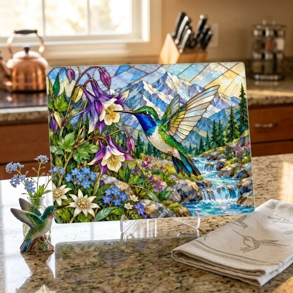 Hummingbird Glass Cutting Board, Stained Glass Mountain Art, Columbine Flower Kitchen Decor, Bird Lover Gift, Alpine Nature Cutting Board