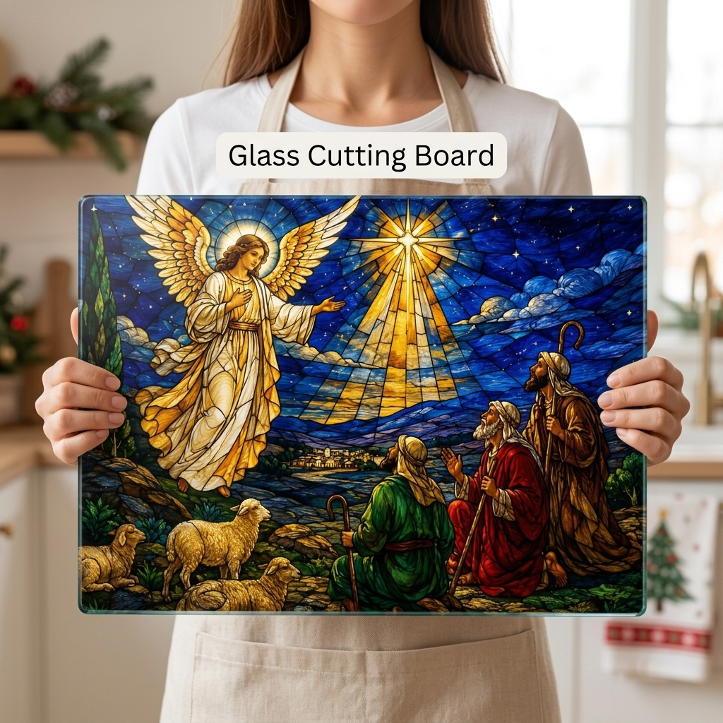 Angel and Shepherds Glass Cutting Board, Christian Christmas Gift, Nativity Kitchen Decor, Religious Christmas Decor, Stained Glass Art