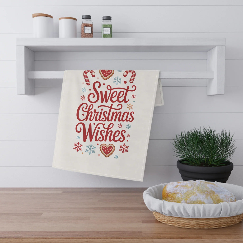 Sweet Christmas Wishes Tea Towel — Festive Holiday Kitchen Towel with Candy Cane & Cookie Design
