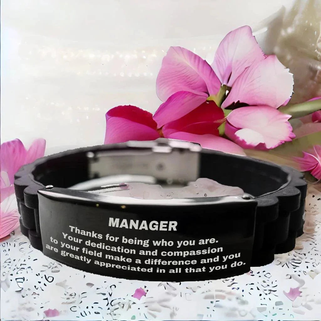 Manager Glidelock Bracelet – Engraved Black Stainless Steel and Silicone Wristband Gift for Managers – Appreciation Gift for Him or Her