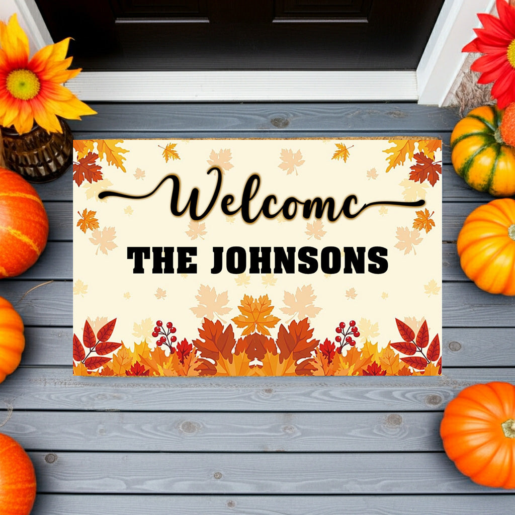 Personalized Welcome Doormat – Custom Family Name Fall Doormat with Autumn Leaves, Berries & Warm Harvest Colors – Perfect for Thanksgiving and Seasonal Porch Décor