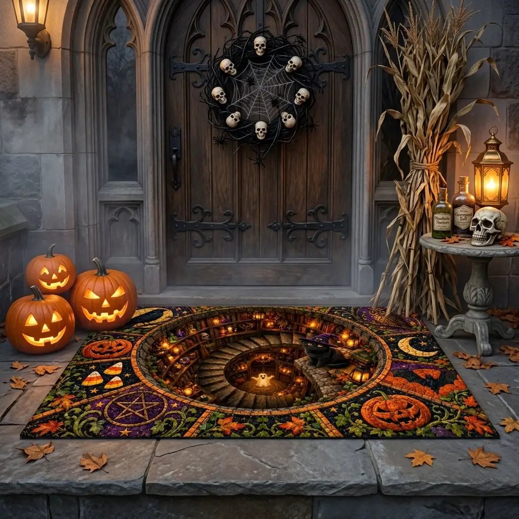Black Cat 3D Halloween Doormat, Witchy Spiral Staircase Door Mat, Spooky Cat Welcome Mat, Pumpkin Halloween Porch Decor
