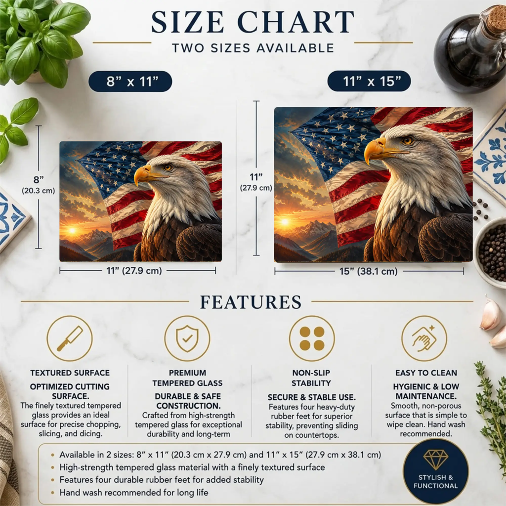 Patriotic Eagle Cutting Board, American Flag Glass Cutting Board, Bald Eagle Kitchen Decor, USA Patriotic Gift, Americana Home Decor