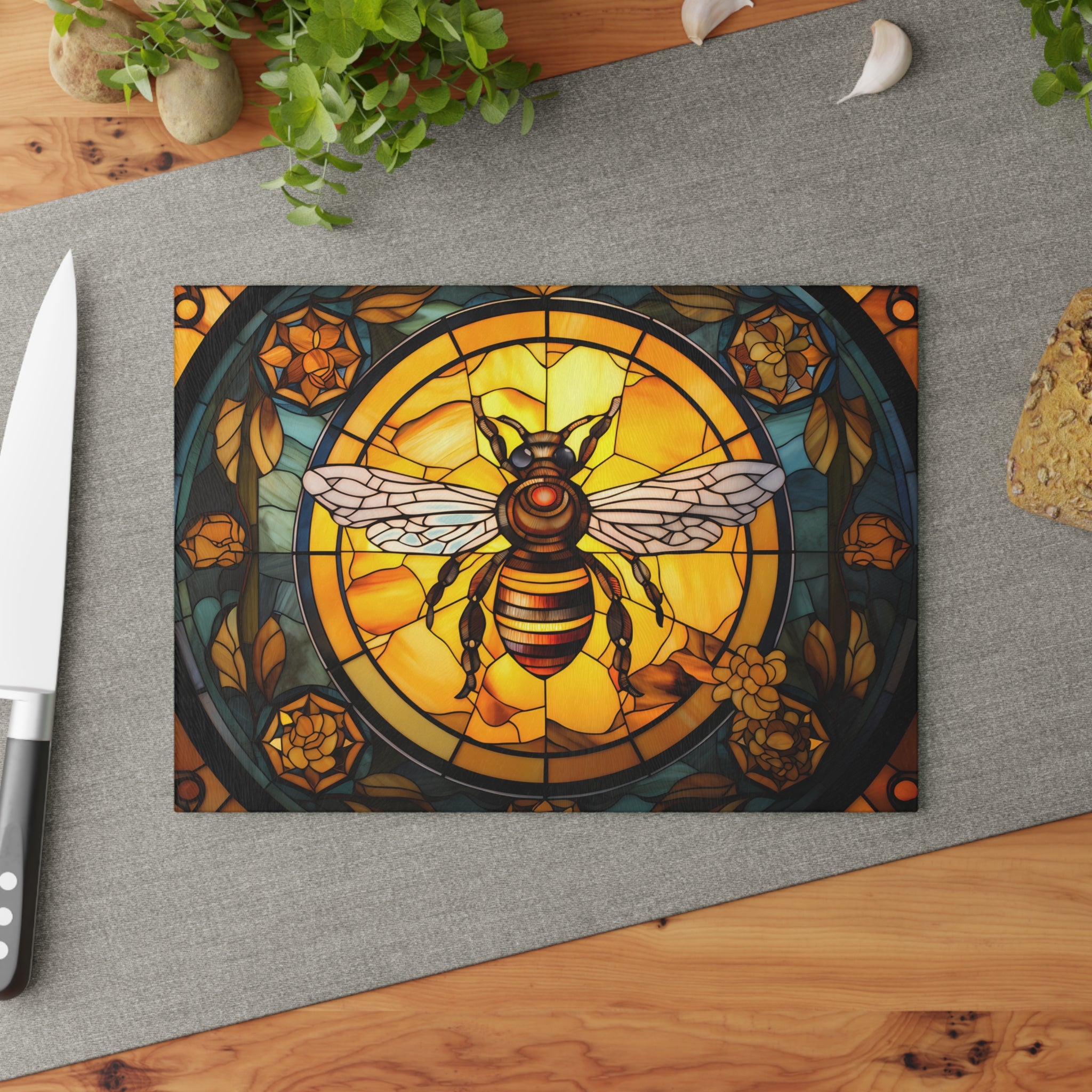 Bee Stained Glass Glass Cutting Board — Decorative Floral Kitchen Board